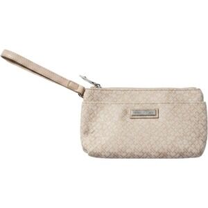 Tommy Hilfiger Monogram Jacquard Wristlet Clutch Beige Tan Small Zip Bag